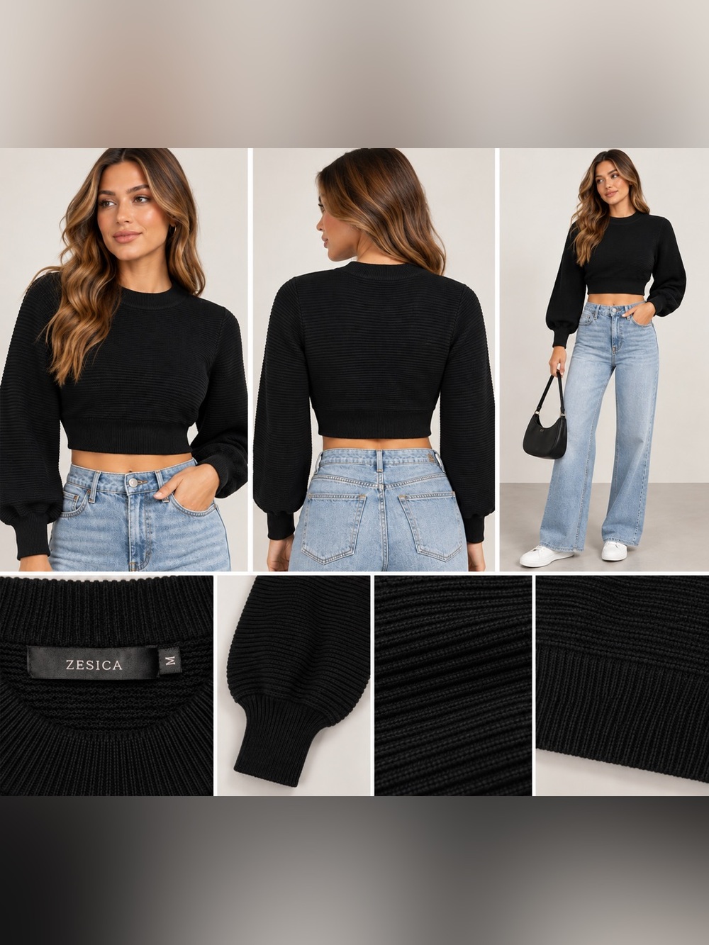ZESICA Black Cropped Ribbed Knit Balloon Sleeve Sweater Size M NWOT